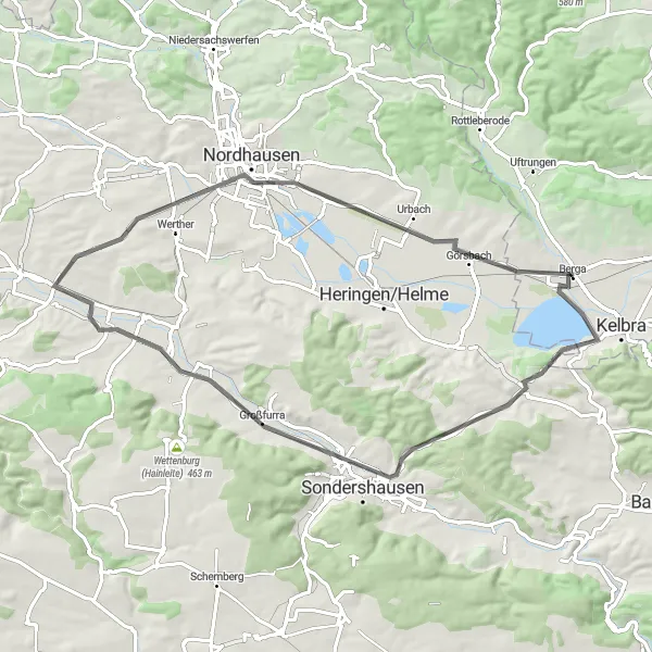 Karten-Miniaturansicht der Radinspiration "Berga-Sondershausen-Rundweg" in Sachsen-Anhalt, Germany. Erstellt vom Tarmacs.app-Routenplaner für Radtouren