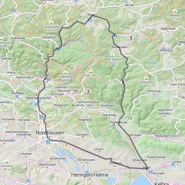 Map miniature of "Berga Highlights Loop" cycling inspiration in Sachsen-Anhalt, Germany. Generated by Tarmacs.app cycling route planner