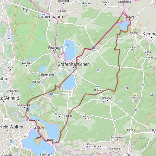 Karten-Miniaturansicht der Radinspiration "Abenteuertour um den Bergwitzsee" in Sachsen-Anhalt, Germany. Erstellt vom Tarmacs.app-Routenplaner für Radtouren