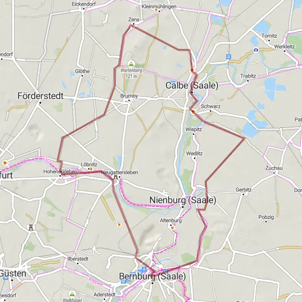 Map miniature of "Rural Gravel Escapade" cycling inspiration in Sachsen-Anhalt, Germany. Generated by Tarmacs.app cycling route planner