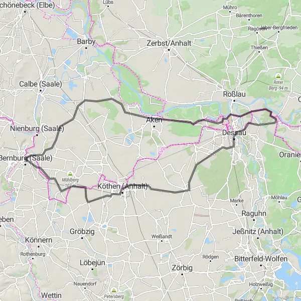 Karten-Miniaturansicht der Radinspiration "Rundweg Bernburg - Köthen" in Sachsen-Anhalt, Germany. Erstellt vom Tarmacs.app-Routenplaner für Radtouren