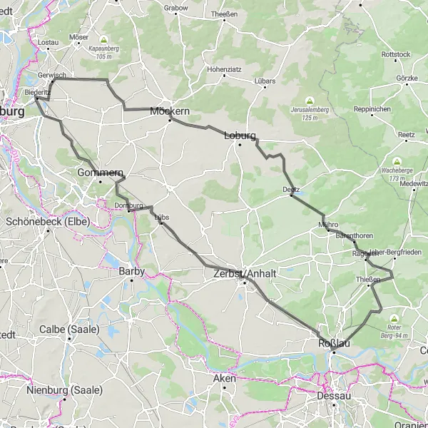 Map miniature of "Möckern Loop" cycling inspiration in Sachsen-Anhalt, Germany. Generated by Tarmacs.app cycling route planner