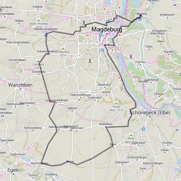 Karten-Miniaturansicht der Radinspiration "Berglandschaft um Magdeburg" in Sachsen-Anhalt, Germany. Erstellt vom Tarmacs.app-Routenplaner für Radtouren