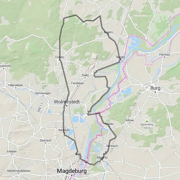 Map miniature of "The Barleben Loop" cycling inspiration in Sachsen-Anhalt, Germany. Generated by Tarmacs.app cycling route planner