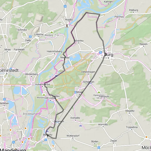 Map miniature of "The Gerwisch Circuit" cycling inspiration in Sachsen-Anhalt, Germany. Generated by Tarmacs.app cycling route planner