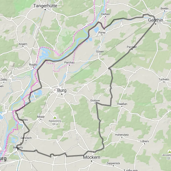 Map miniature of "The Genthin Adventure" cycling inspiration in Sachsen-Anhalt, Germany. Generated by Tarmacs.app cycling route planner