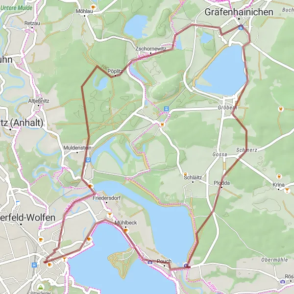 Map miniature of "Zschornewitz Gravel" cycling inspiration in Sachsen-Anhalt, Germany. Generated by Tarmacs.app cycling route planner