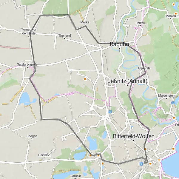 Map miniature of "Sandersdorf Loop: Exploring Nature and History" cycling inspiration in Sachsen-Anhalt, Germany. Generated by Tarmacs.app cycling route planner