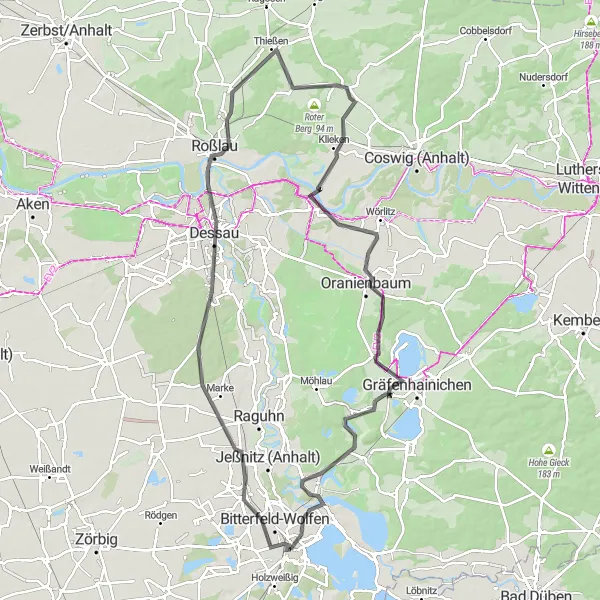 Map miniature of "Wolfen to Bitterfeld - A Journey Through History" cycling inspiration in Sachsen-Anhalt, Germany. Generated by Tarmacs.app cycling route planner