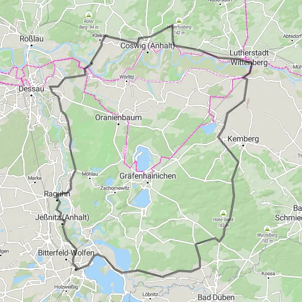 Map miniature of "Journey to Lutherstadt Wittenberg" cycling inspiration in Sachsen-Anhalt, Germany. Generated by Tarmacs.app cycling route planner