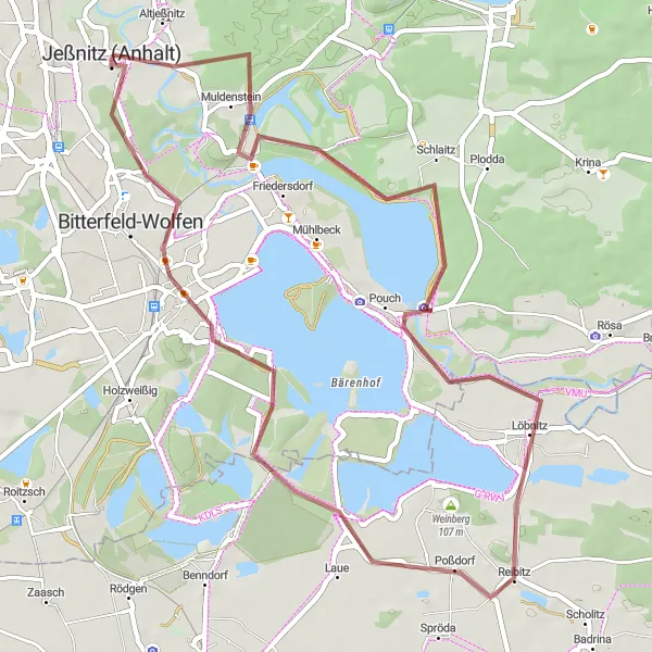 Map miniature of "Muldestausee Adventure" cycling inspiration in Sachsen-Anhalt, Germany. Generated by Tarmacs.app cycling route planner