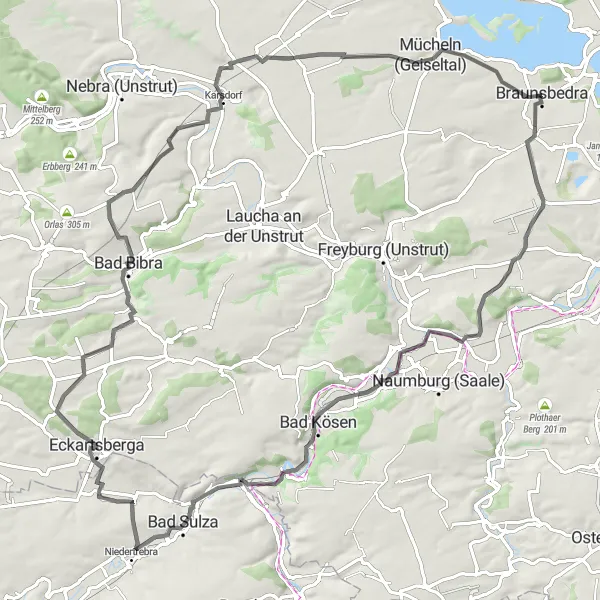 Map miniature of "Exploring the Region: Braunsbedra Loop" cycling inspiration in Sachsen-Anhalt, Germany. Generated by Tarmacs.app cycling route planner