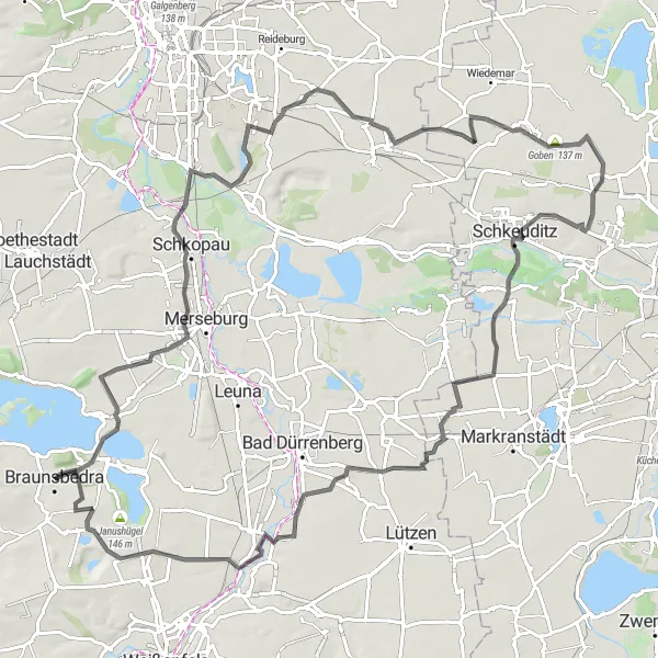 Karten-Miniaturansicht der Radinspiration "Road-Tour nach Lunstädt" in Sachsen-Anhalt, Germany. Erstellt vom Tarmacs.app-Routenplaner für Radtouren