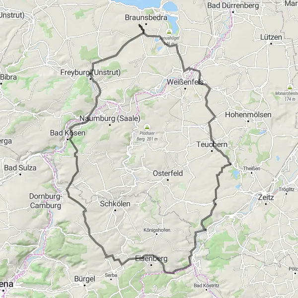 Map miniature of "Exploration Beyond Borders: Braunsbedra Loop" cycling inspiration in Sachsen-Anhalt, Germany. Generated by Tarmacs.app cycling route planner