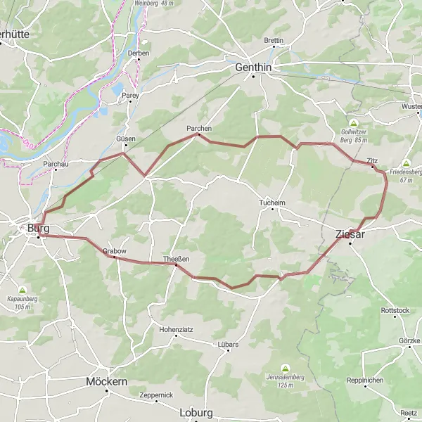 Map miniature of "Ziesar Gravel Exposé" cycling inspiration in Sachsen-Anhalt, Germany. Generated by Tarmacs.app cycling route planner