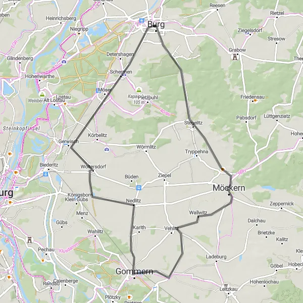 Map miniature of "Through the Heartland" cycling inspiration in Sachsen-Anhalt, Germany. Generated by Tarmacs.app cycling route planner