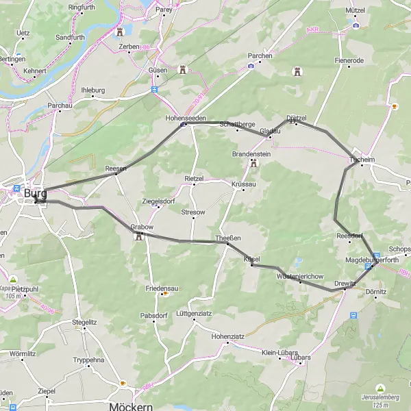 Map miniature of "Road to Reesen" cycling inspiration in Sachsen-Anhalt, Germany. Generated by Tarmacs.app cycling route planner