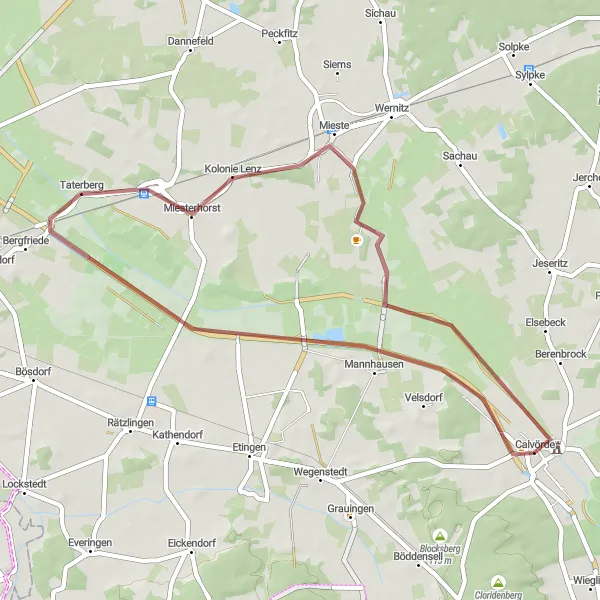 Map miniature of "Calvörde to Miesterhorst Gravel Route" cycling inspiration in Sachsen-Anhalt, Germany. Generated by Tarmacs.app cycling route planner