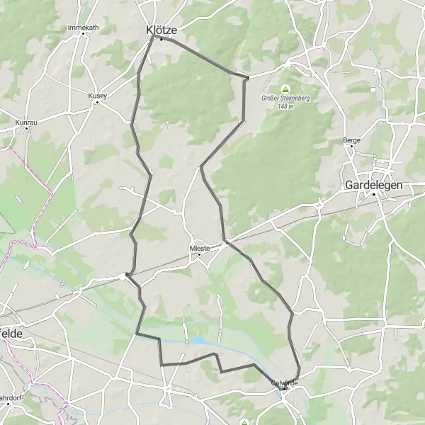 Map miniature of "Calvörde Scenic Road Tour" cycling inspiration in Sachsen-Anhalt, Germany. Generated by Tarmacs.app cycling route planner