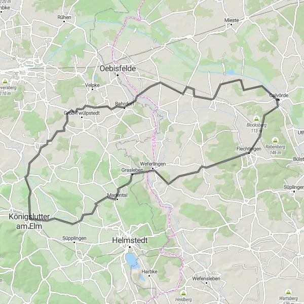 Map miniature of "Calvörde to Rosenberg Road Route" cycling inspiration in Sachsen-Anhalt, Germany. Generated by Tarmacs.app cycling route planner