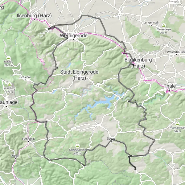 Map miniature of "Harz Adventure Road Cycling Route" cycling inspiration in Sachsen-Anhalt, Germany. Generated by Tarmacs.app cycling route planner