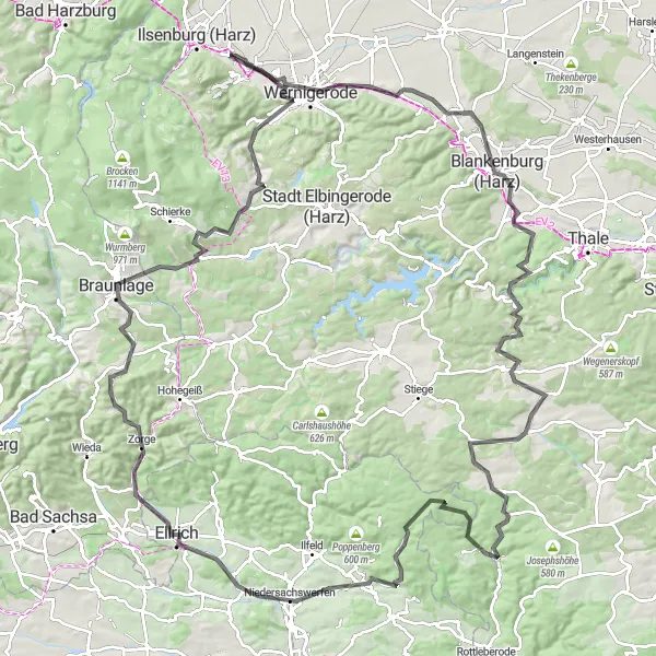 Map miniature of "Harz Mountain Road Cycling" cycling inspiration in Sachsen-Anhalt, Germany. Generated by Tarmacs.app cycling route planner