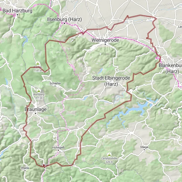 Map miniature of "Harz Gravel Adventure" cycling inspiration in Sachsen-Anhalt, Germany. Generated by Tarmacs.app cycling route planner