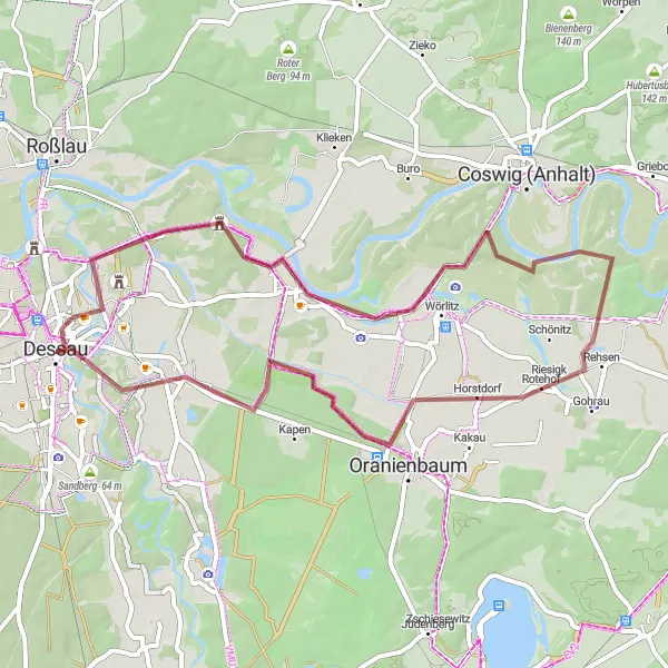Map miniature of "Vockerode and Horstdorf Gravel Exploration" cycling inspiration in Sachsen-Anhalt, Germany. Generated by Tarmacs.app cycling route planner