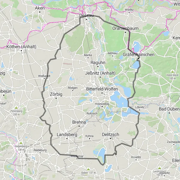 Map miniature of "Dessau - Dessau Road Loop" cycling inspiration in Sachsen-Anhalt, Germany. Generated by Tarmacs.app cycling route planner