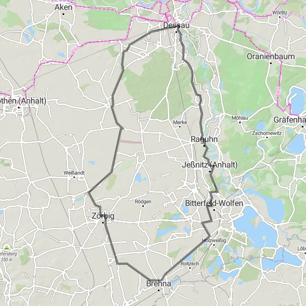 Map miniature of "Raguhn and Zehbitz Road Excursion" cycling inspiration in Sachsen-Anhalt, Germany. Generated by Tarmacs.app cycling route planner