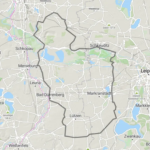 Map miniature of "Benndorf and Bismarckturm Road Loop" cycling inspiration in Sachsen-Anhalt, Germany. Generated by Tarmacs.app cycling route planner