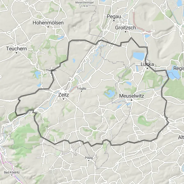 Map miniature of "Scenic Tour around Droyßig" cycling inspiration in Sachsen-Anhalt, Germany. Generated by Tarmacs.app cycling route planner