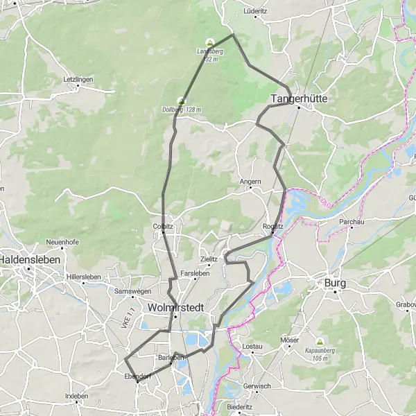 Map miniature of "Wolmirstedt to Barleben via Ebendorf" cycling inspiration in Sachsen-Anhalt, Germany. Generated by Tarmacs.app cycling route planner