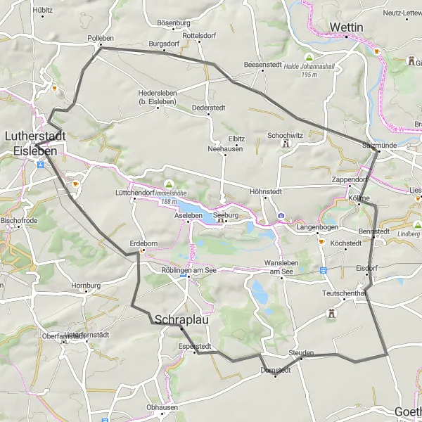 Karten-Miniaturansicht der Radinspiration "Schraplau und Salzmünde Radtour" in Sachsen-Anhalt, Germany. Erstellt vom Tarmacs.app-Routenplaner für Radtouren