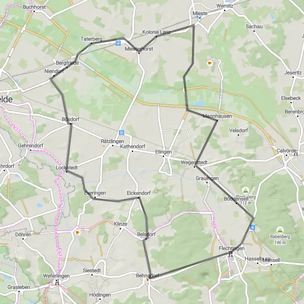 Map miniature of "Flechtingen Loop with Everingen" cycling inspiration in Sachsen-Anhalt, Germany. Generated by Tarmacs.app cycling route planner