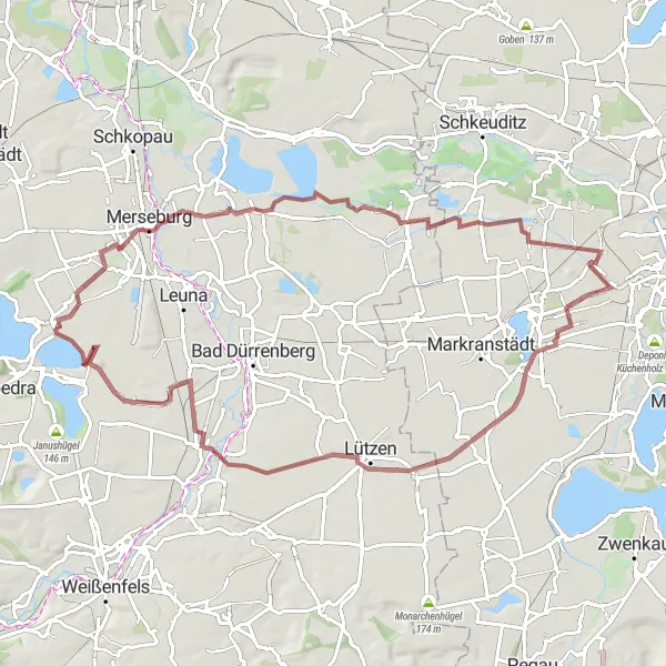 Karten-Miniaturansicht der Radinspiration "Rundtour nach Merseburg und Lützen" in Sachsen-Anhalt, Germany. Erstellt vom Tarmacs.app-Routenplaner für Radtouren
