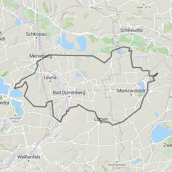 Karten-Miniaturansicht der Radinspiration "Auf den Spuren von Merseburg nach Frankleben" in Sachsen-Anhalt, Germany. Erstellt vom Tarmacs.app-Routenplaner für Radtouren