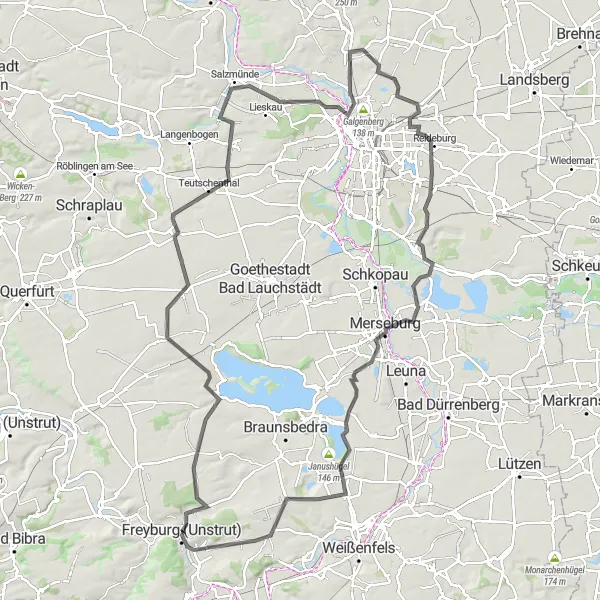 Map miniature of "The Geiseltal Marvel" cycling inspiration in Sachsen-Anhalt, Germany. Generated by Tarmacs.app cycling route planner