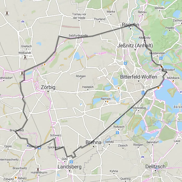 Map miniature of "Bitterfelder Bogen and Niemberg Round Trip" cycling inspiration in Sachsen-Anhalt, Germany. Generated by Tarmacs.app cycling route planner