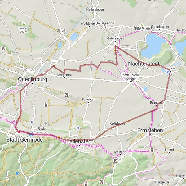 Map miniature of "Frose, Ballenstedtblick, Bückeberg, Quedlinburg, and Nachterstedt Route" cycling inspiration in Sachsen-Anhalt, Germany. Generated by Tarmacs.app cycling route planner