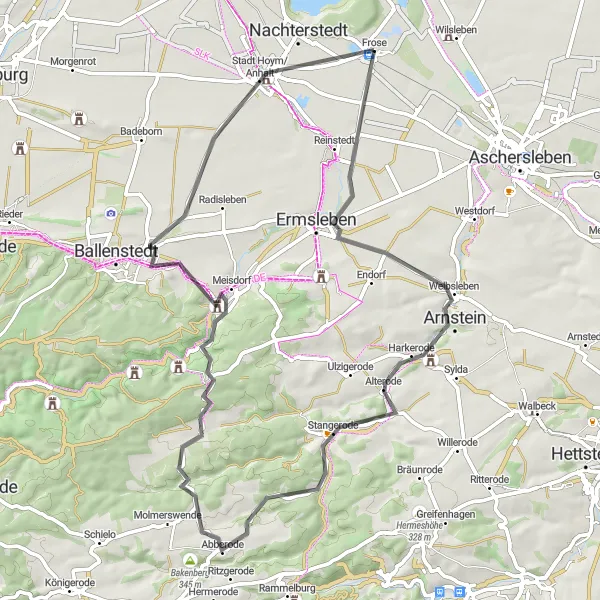 Karten-Miniaturansicht der Radinspiration "Hügeliges Abenteuer um Frose" in Sachsen-Anhalt, Germany. Erstellt vom Tarmacs.app-Routenplaner für Radtouren