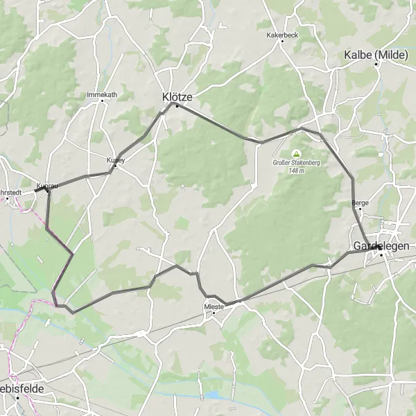Map miniature of "Gardelegen Loop" cycling inspiration in Sachsen-Anhalt, Germany. Generated by Tarmacs.app cycling route planner