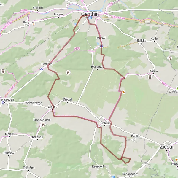 Karten-Miniaturansicht der Radinspiration "Gravel-Route von Genthin nach Tucheim und zurück" in Sachsen-Anhalt, Germany. Erstellt vom Tarmacs.app-Routenplaner für Radtouren