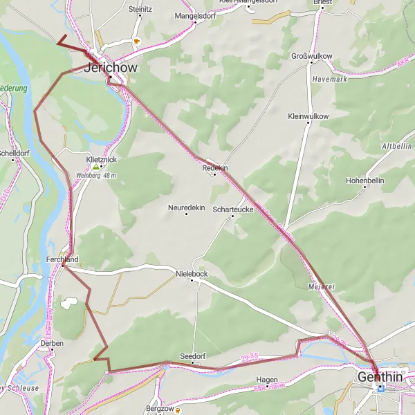 Map miniature of "Genthin and Bucher Brack Gravel Route" cycling inspiration in Sachsen-Anhalt, Germany. Generated by Tarmacs.app cycling route planner