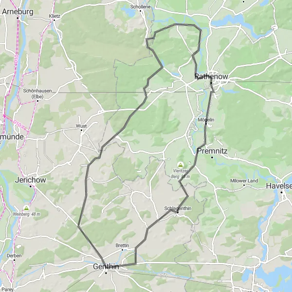 Map miniature of "Genthin Wasserturm Loop" cycling inspiration in Sachsen-Anhalt, Germany. Generated by Tarmacs.app cycling route planner