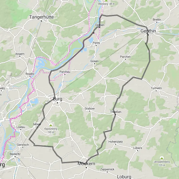 Karten-Miniaturansicht der Radinspiration "Straßenradtour von Genthin nach Möckern und zurück" in Sachsen-Anhalt, Germany. Erstellt vom Tarmacs.app-Routenplaner für Radtouren