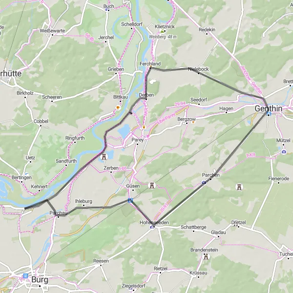 Map miniature of "Parchen and Galgenberg Road Route" cycling inspiration in Sachsen-Anhalt, Germany. Generated by Tarmacs.app cycling route planner