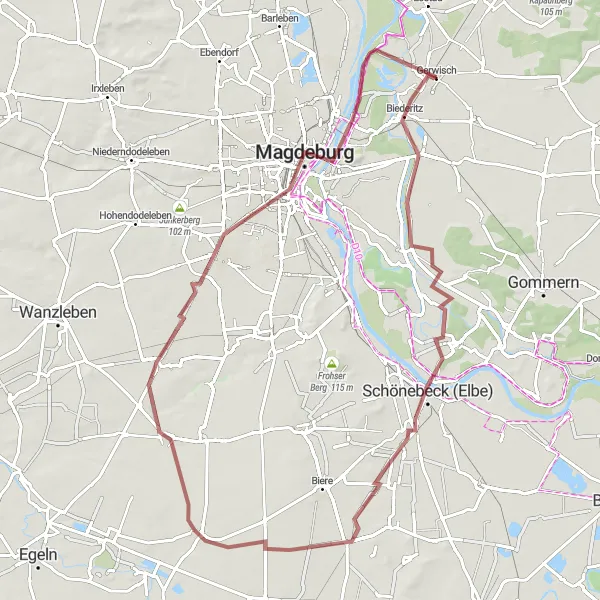 Map miniature of "Elbe River Gravel Adventure" cycling inspiration in Sachsen-Anhalt, Germany. Generated by Tarmacs.app cycling route planner