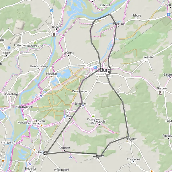 Karten-Miniaturansicht der Radinspiration "Schermen und Blumenthal Rundweg" in Sachsen-Anhalt, Germany. Erstellt vom Tarmacs.app-Routenplaner für Radtouren