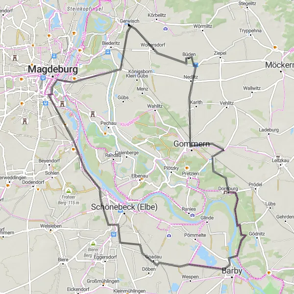 Map miniature of "The Woltersdorf Loop" cycling inspiration in Sachsen-Anhalt, Germany. Generated by Tarmacs.app cycling route planner